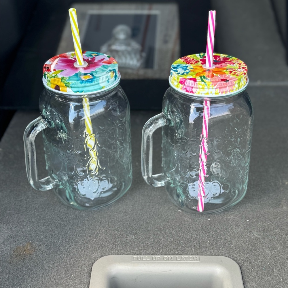 (4) Floral Mason Jar Mugs with Straws